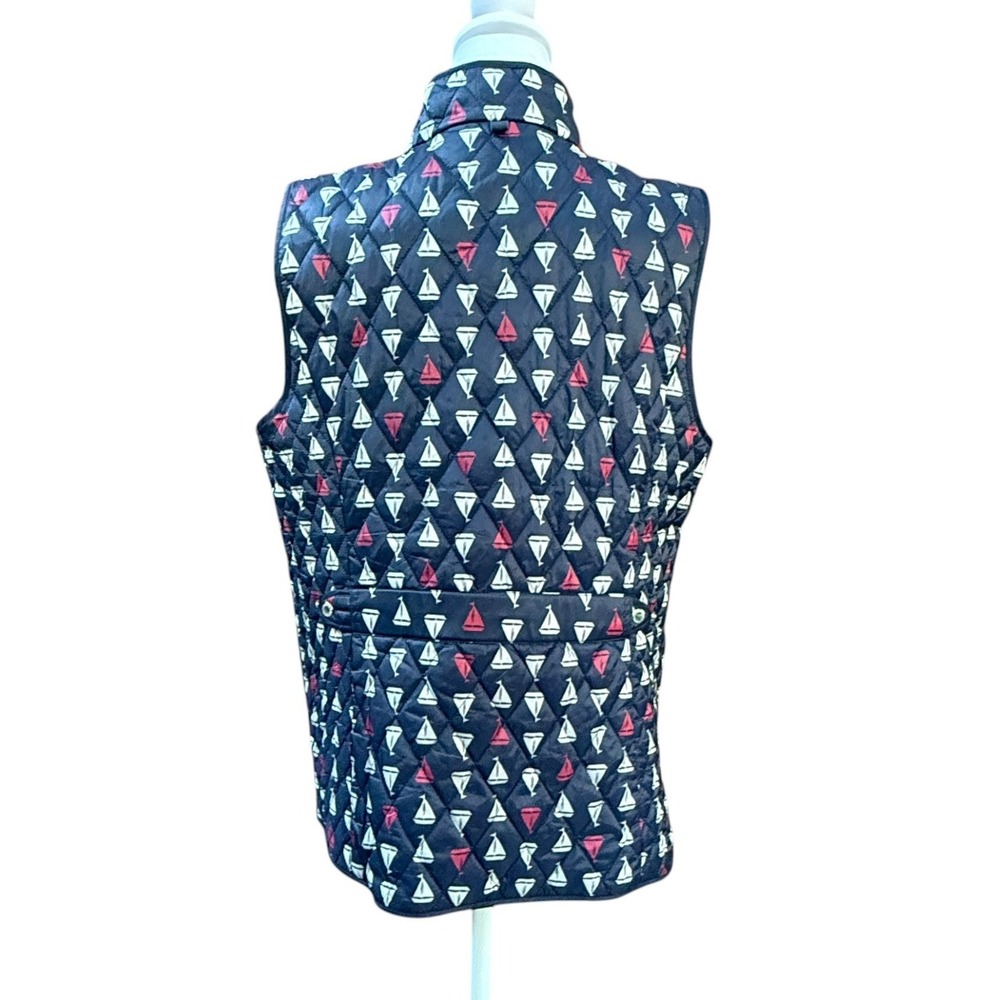 Talbots Puffer Vest Womens Large Navy Blue Sailboat Print Quilted Nautical Beach - Picture 4 of 13